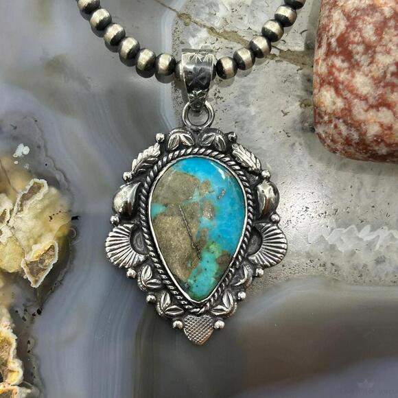 Sterling Silver Southwestern Style Teardrop Turquoise Pendant For Women #9 - Picture 2 of 10